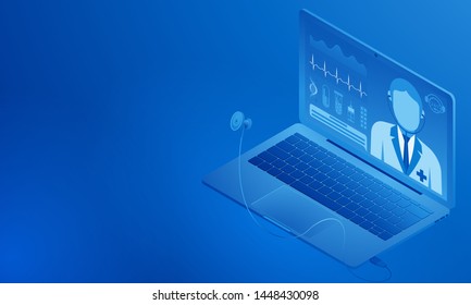 Doctor online. Medical consultation on the computer screen. Health check with a stethoscope. Tests, cardiogram. Remote communication with the doctor via the Internet. Isometric illustration. Vector