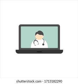 Doctor online. Medical consultation with doctor on the laptop computer flat vector illustration isolated on white background. Telemedicine or telehealth virtual visit