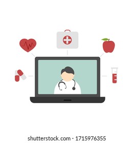 Doctor online. Medical consultation with doctor on the laptop computer flat vector illustration isolated on white background. Telemedicine or telehealth virtual visit 