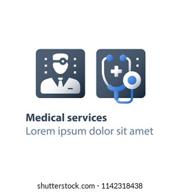 Doctor online, medical consulting, personal professional support and guidance, healthcare service concept, fast help, physician or general practitioner assistance, vector flat icon