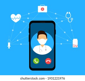 Doctor online medical service. Online medical consultation on a smartphone. Online diagnostics health. Video call to the doctor. Vector illustration.