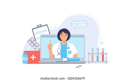 Doctor online. Medical services. Ask your doctor. Online medical consultation and support concept.  Female character with stethoscope and medical supplies on laptop screen. Vector illustration.