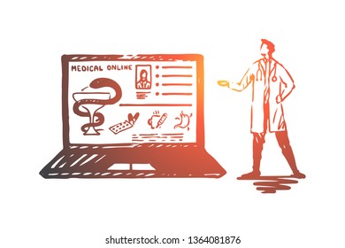 Doctor, online, medicine, laptop, service concept. Hand drawn doctor online medicine service concept sketch. Isolated vector illustration.