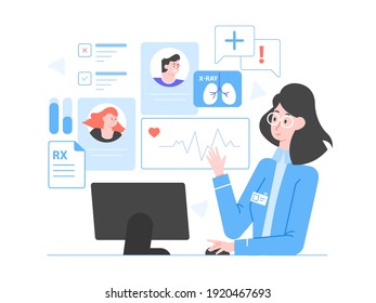 Doctor online on the internet. Woman specialist with laptop and medical data. Patient cards, statistics, indicators. Consultation, diagnostics, health advice. Vector flat illustration.