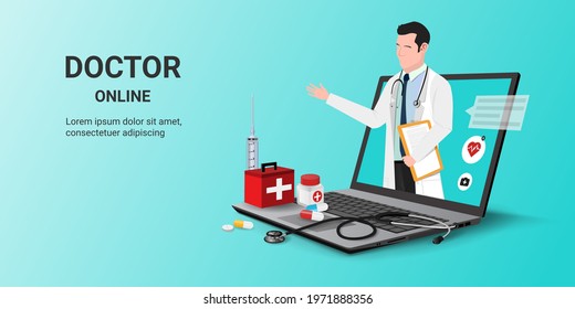 Doctor online on laptop app with male doctor standing. Online medical clinic, online medical consultation, tele medicine. Online healthcare and medical consultation. Digital health concept. 3D vector