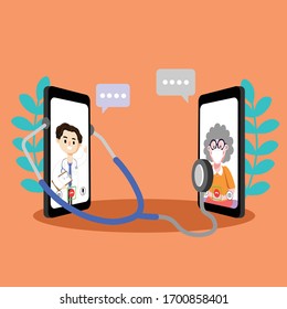 Doctor online on mobile phone or smartphone tele medicine Vector illustration in flat cartoon. Patient meeting a professional doctor online.