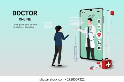 Doctor online on smartphone app with doctor and  patient. Online medical clinic, online medical consultation, tele medicine. Online healthcare and medical consultation. Digital health concept. vector