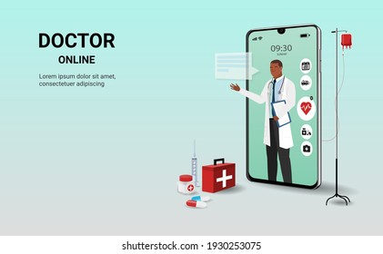 Doctor online on smartphone app with doctor. Online medical consultation  clinic, tele medicine. Online healthcare and medical consultation. Digital health concept. 3D vector