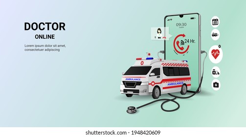 Doctor online on smartphone app with ambulance . Online medical clinic, tele medicine. Online healthcare and medical consultation. Digital health concept. 3D vector