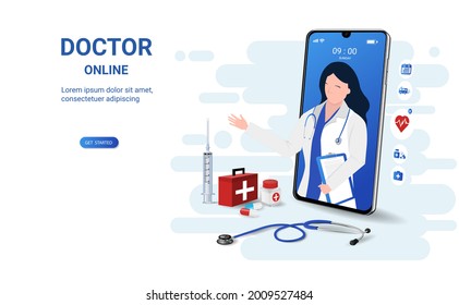 Doctor online on smartphone app with female doctor. Online medical clinic, online medical consultation, tele medicine. Online healthcare and medical consultation. Social distancing. 3D vector