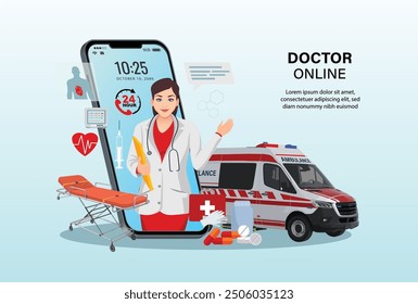 Doctor online on smartphone app with woman female doctor. Online medical clinic, online medical consultation, tele medicine. Online healthcare and medical. car 3D vector	