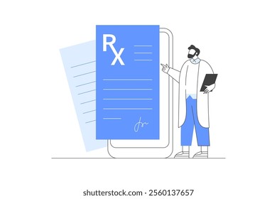 Doctor online on smartphone writing digital medical prescription. E-health concept. Online RX Medical Prescription and medic check up. Flat Cartoon Vector Illustration, icon. Stylish abstract Blue 