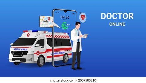 Doctor Online Service With Ambulance Emergency  Online On Mobile Application With Ambulance Car. On Call 24 Hr. Healthcare And Medical. Digital Health Concept. 3D Vector Illustration