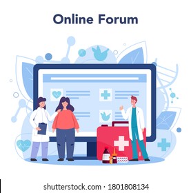 Doctor online service or platform. Therapist examine a patient. General health specialist. Medicine and healthcare. Online forum. Vector flat illustration