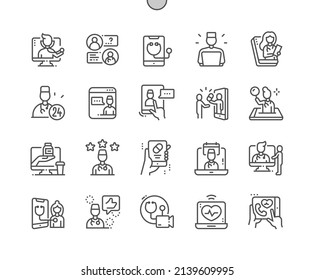 Doctor Online. Telemedicine. Video Visit Between Doctor And Patient. Healthcare Apps And Websites. Pixel Perfect Vector Thin Line Icons. Simple Minimal Pictogram