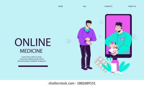 Doctor Online And Telemedicine Website Banner Template. Man With Stomach Ache Getting Medical Advice Of Doctors Remotely, Flat Cartoon Vector Illustration.