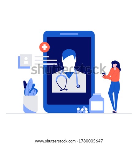 Doctor online vector illustration concept with characters. Modern vector illustration in flat style for landing page, mobile app, poster, flyer, template, web banner, infographics, hero images.