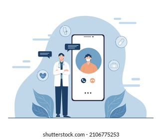 Doctor online vector illustration isolated. male doctor consults patient online from smartphone screen and advice health care, medical assistance remotely via telephone