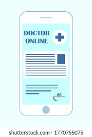 Doctor en línea. Pantalla vectorial de smartphone con sitio médico. Azul, colores blancos. Para sitios web, banners, impresos, publicidad, libros.