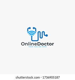 Doctor online virtual services logo design vector. Consultation to doctors via digital remote illustration symbol. Tele medicine service vector logo. Stethoscope and signal vector icons.