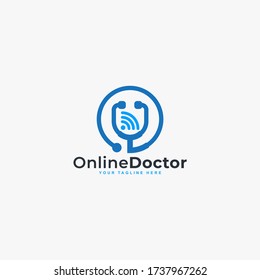 Doctor Online Virtual Services Logo Design Vector. Consultation To Doctors Via Digital Remote Illustration Symbol. Tele Medicine Service Vector Logo. Stethoscope And Signal Vector Icons.