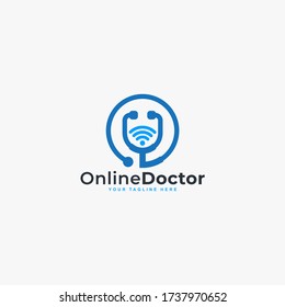 Doctor online virtual services logo design vector. Consultation to doctors via digital remote illustration symbol. Tele medicine service vector logo. Stethoscope and signal vector icons.