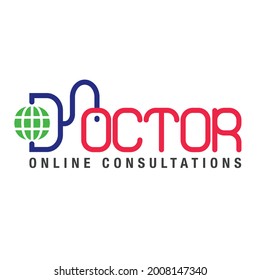 Doctor online virtual services logo design vector. Telemedicine services vector logo. Consultation to doctors via digital remote illustration symbol. Stethoscope, internet and computer mouse vector lo