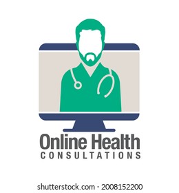 Doctor online Virtual Services Logo Design Vektor. Telemedizin Dienstleistungen Vektorlogo. Beratung von Ärzten über digitales Bildzeichen. Stethoscope, Internet und Computer-Vektorlogo.