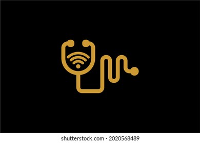 Doctor online virtual services logo design vector. Consultation to doctors via digital remote illustration symbol. Telemedicine service vector logo. Stethoscope and signal vector icons.