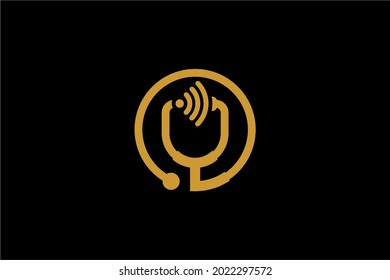Doctor online virtual services logo design vector. Consultation to doctors via digital remote illustration symbol. Telemedicine service vector logo. Stethoscope and signal vector icons.