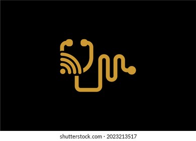 Doctor online virtual services logo design vector. Consultation to doctors via digital remote illustration symbol. Telemedicine service vector logo. Stethoscope and signal vector icons.