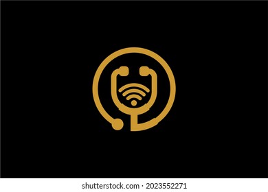 Doctor online virtual services logo design vector. Consultation to doctors via digital remote illustration symbol. Telemedicine service vector logo. Stethoscope and signal vector icons.