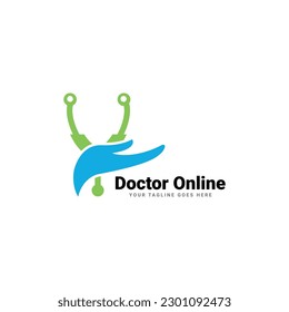 Doctor online virtual services logo design vector. Consultation to doctors via digital remote illustration symbol.