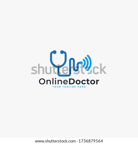 Doctor online virtual services logo design vector. Consultation to doctors via digital remote illustration symbol. Tele medicine service vector logo. Stethoscope and signal vector icons.