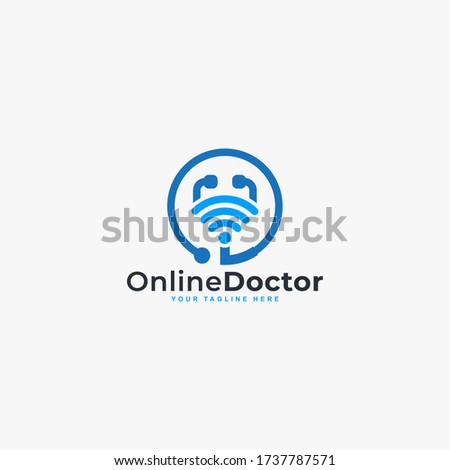 Doctor online virtual services logo design vector. Consultation to doctors via digital remote illustration symbol. Tele medicine service vector logo. Stethoscope and signal vector icons.