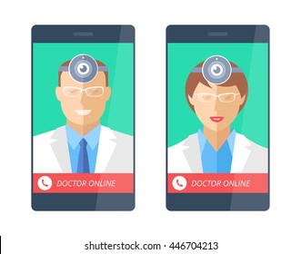 Doctor Online With Web Cam On A Phone Screen. Telemedicine And Telehealth Flat Concept Illustration. Smartphone, Male And Female Medics, Web Camera On A Heads. Vector Medical And Technology Elements. 