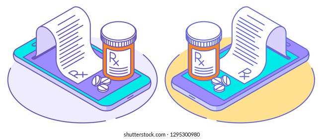 A Doctor Online Writes The Medical Prescription, Pill Bottles On The Smartphones, Rx From The Screen. Line Isometric Illustration. The Telehealth, Telemedicine, Online Medicine Outline Vector Concept.