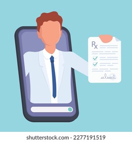 Doctor Online writes the Medical Prescription through the smart phone screen. Tele, remote or online medicine concept illustration. Mobile healthcare, videocall digital health. Online RX certificate