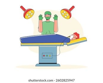 Doctor in operating room with patient, professional surgery in hospital. Design character. Vector flat illustration