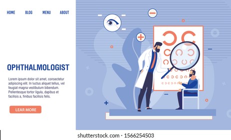 Doctor Ophthalmologist Checking Male Patient Sight, Conducting Optical Eyes Test and Spectacles Technology. Ophthalmology Medicine, Eyesight Examination. Trendy Flat Landing Page. Vector Illustration