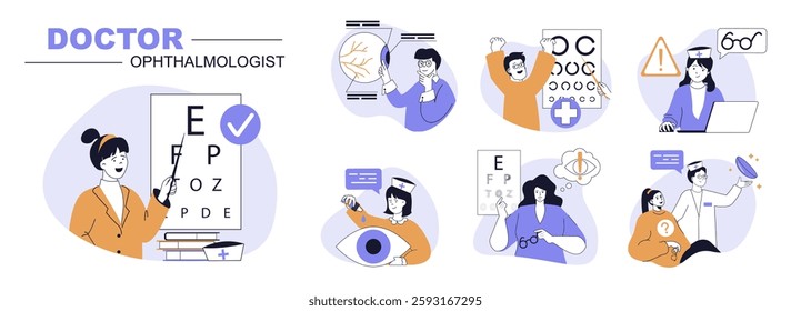 Doctor ophthalmologist concept set in flat web design. People in isolated scenes visiting eye clinic for eyesight tests and eyeball research, get correction with lens or glasses. Vector illustrations.