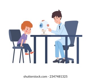 Doctor ophthalmologist explains to child on large artificial eye. Oculist shows anatomy structure of the human eye. Vector cartoon illustration of ophthalmology education and diagnostics