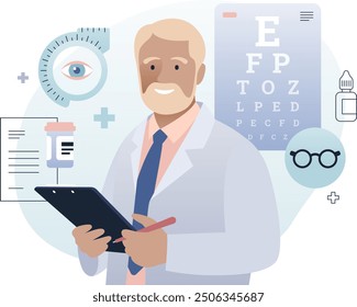 Doktor Ophthalmologe, flache Abbildung. Optometristen und Pflegeelemente einzeln auf weißem Hintergrund. Farbige Infografik mit Symbolen.