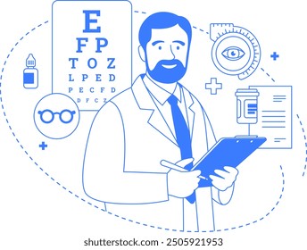 Doctor ophthalmologist flat one color illustration. Optometrist and eyecare service isolated. Line art infographic with icons. Editable stroke.