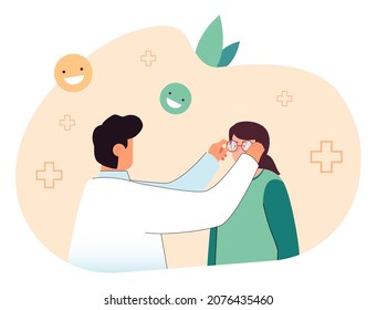 Doctor ophthalmologist giving eye glasses to girl. Male optometrist examining little kid in hospital flat vector illustration. Ophthalmology, pediatric medical appointment for children concept