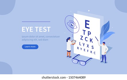 Doctor Ophthalmologist and Nurse standing near Eye Test Chart. Medical Character Checking Vision. Eyesight Check Up and Glasses Choosing. Ophthalmology Concept. Flat Isometric Vector Illustration. 