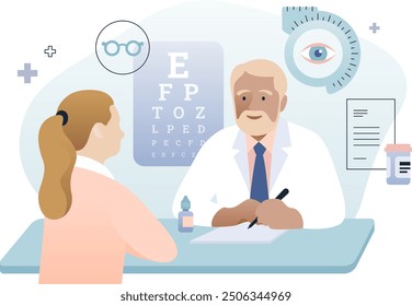 Augenarzt mit flacher Patientengrafik. Optometrische Beratung, Sehprüfung und Augenpflegeelemente. Farbige Infografik mit Symbolen einzeln.