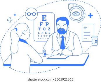 Doctor ophthalmologist with patient flat one color illustration. Optometrist consultation, vision exam and eyecare service. Line art infographic with icons isolated. Editable stroke.