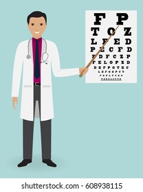 Doctor ophthalmologist points to the vision test table by pointer. Medical employee. Hospital staff. Doctor specialization concept. Vector illustration.