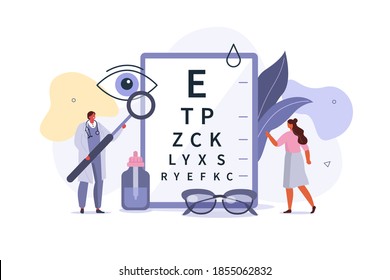 Doctor Ophthalmologist Showing Eye Test Chart to Patient and Checking his Vision. Eyesight Check Up and Glasses Choosing. Ophthalmology Medical Concept. Flat Cartoon Vector Illustration.